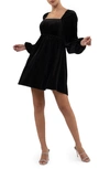 August Sky Long Sleeve Velvet Babydoll Minidress In Black