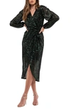 August Sky Sequin Long Sleeve Dress In Dark Green