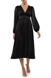 August Sky Empire Waist Pleated Satin Midi Dress In Black