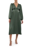 August Sky Empire Waist Pleated Satin Midi Dress In Dark Green