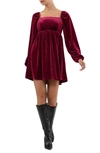 August Sky Long Sleeve Velvet Babydoll Minidress In Wine