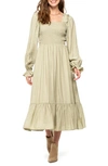 August Sky Smocked Long Sleeve Maxi Dress In Light Olive