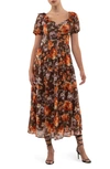 August Sky Floral Ruffle Trim Maxi Dress In Mocha Multi