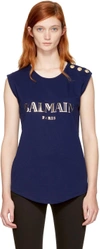 Balmain Button-embellished Printed Cotton-jersey Top In C3303 Navy