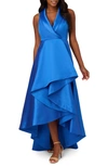 ADRIANNA PAPELL TUXEDO HIGH-LOW SATIN GOWN
