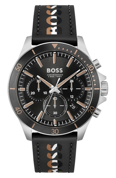 HUGO BOSS TROPER CHRONOGRAPH LEATHER STRAP WATCH, 45MM