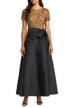 PISARRO NIGHTS BEADED BODICE MIXED MEDIA GOWN