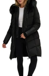 Noize Priya Water Resistant Mixed Media Parka With Faux Fur Trim In Black