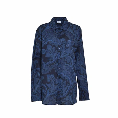 Etro Roma Paisley Print Cotton Shirt In Blue