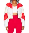 SOLID & STRIPED KARTER REVERSIBLE PUFFER JACKET IN ICE BLUE, EGGSHELL, & APPLE RED