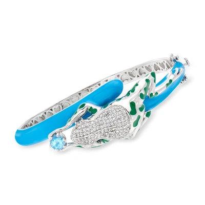 Ross-simons Swiss Blue And White Topaz Frog Bangle Bracelet With Blue And Green Enamel In Sterling Silver In Multi