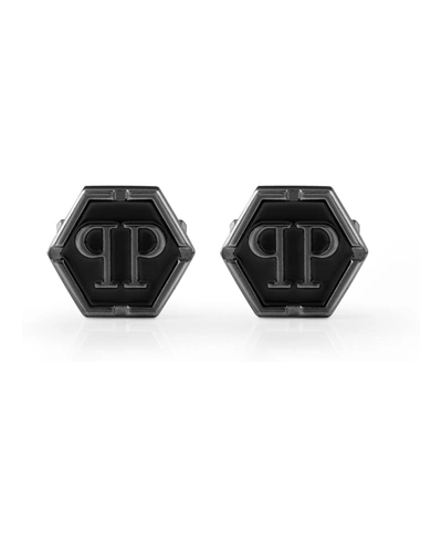 Philipp Plein Stainless Steel Logo Black Hexagon Cuff Links In Silver