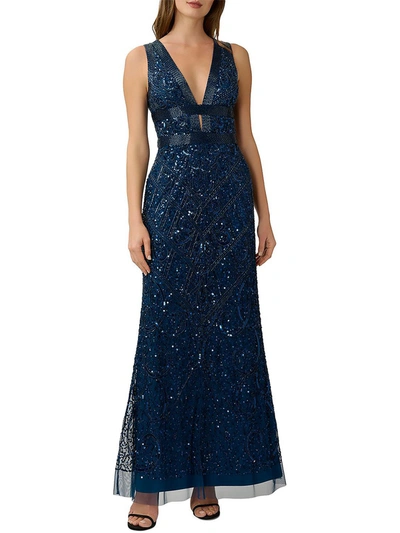 Adrianna Papell Womens Beaded Maxi Evening Dress In Blue