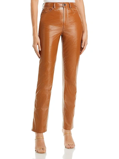 Afrm Heston Womens Faux Leather High Rise Straight Leg Pants In Brown