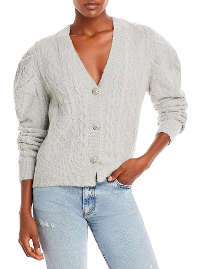 En Saison Womens Cable Knit Puff Sleeve Cardigan Sweater In Grey