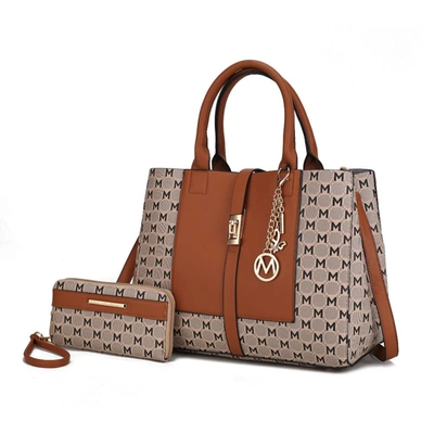 Mkf Collection By Mia K Yuliana Circular M Emblem Print Satchel Handbag For Women's With Wallet In Beige