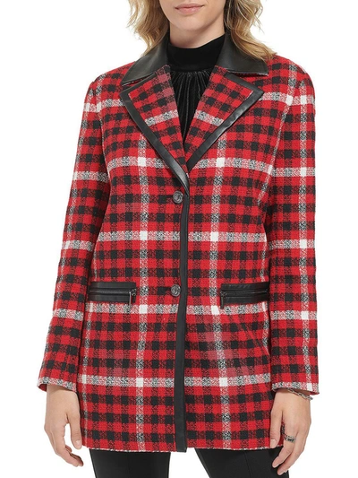 Karl Lagerfeld Womens Plaid Faux Leather Trim Two-button Blazer In Multi