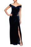 ALEX EVENINGS OFF THE SHOULDER VELVET FIT & FLARE GOWN