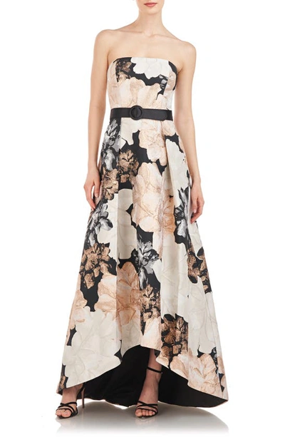 Kay Unger Bella Metallic Floral Print Strapless Dress In Champagne