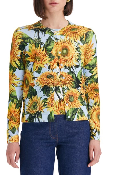 Oscar De La Renta Sunflower Printed Cardigan In Yellow Softblue