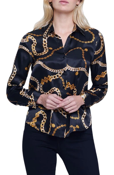 L Agence Tyler Chain-print Silk Shirt In Black/gold Large Classic Chain