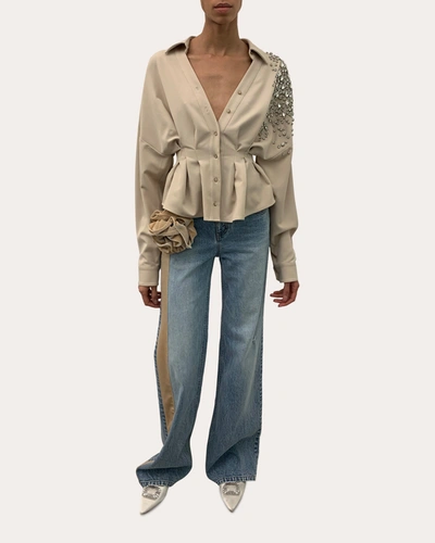 Hellessy Harvey Crystal Embellished Gathered-waist Collared Shirt In Sand