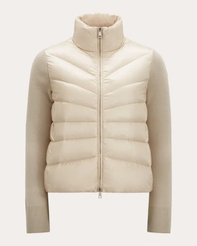 Moncler Quilted High Neck Two-material Cardigan With Feather Padding In Neutral