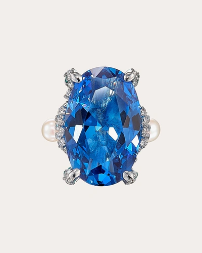 Anabela Chan 18kt White Gold Vermeil Aqua Mermaid Gemstone And Pearl Ring In Blue