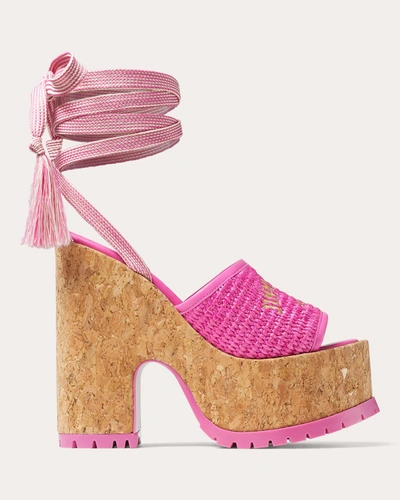 Jimmy Choo Gal Raffia Cork Ankle-tie Platform Sandals In Pink