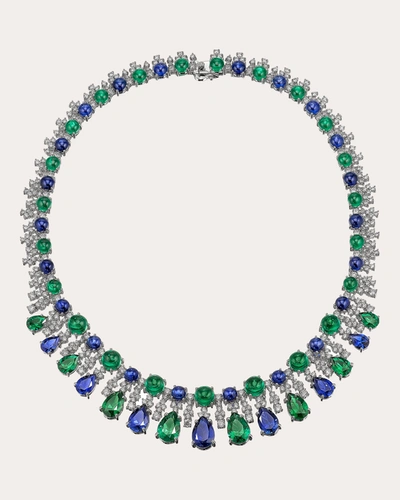 Anabela Chan 18k White Gold Plated Sterling Silver Tutti Frutti Simulated Emerald, Blue Sapphire & Diamond Neckla