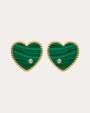 Yvonne Léon 9k Yellow Gold Paire De Baby Puces Coeur Malachite & Diamond Heart Stud Earrings In Green