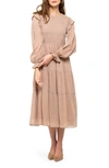 August Sky Foil Dash Long Sleeve Fit & Flare Midi Dress In Khaki