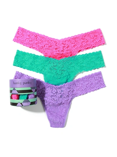 Hanky Panky Three-pack Low-rise Signature Lace Thongs In Purple
