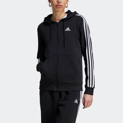 Adidas Originals Adidas Women's 3-stripe Cotton Fleece Full-zip Hoodie Sweatshirt In Black,white