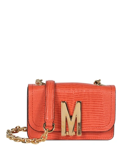 Moschino Embossed Leather M-logo Crossbody Bag In Orange