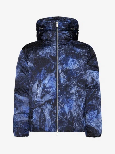 Off-white Men's Logo Tie-dye Jacquard Puffer Jacket In Black,blue