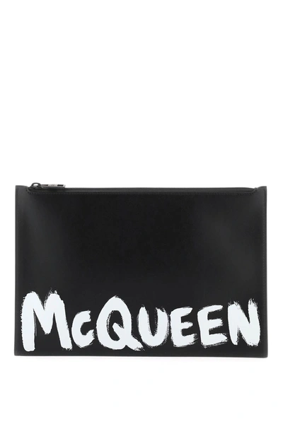 Alexander Mcqueen Mcqueen Graffiti Leather Flat Pouch In Black