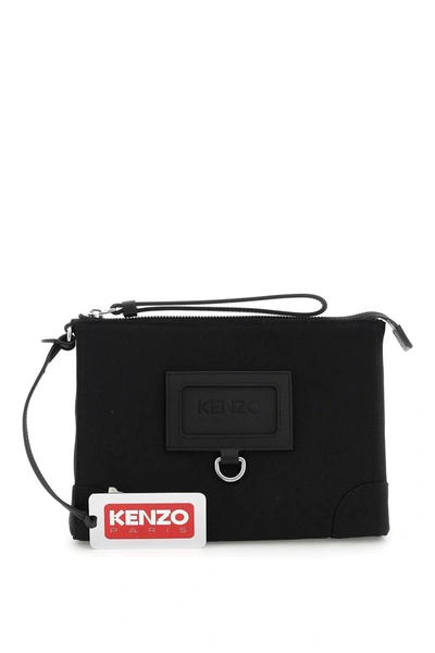 Kenzo Branded Fabric Clutch With Badge Holder In Black