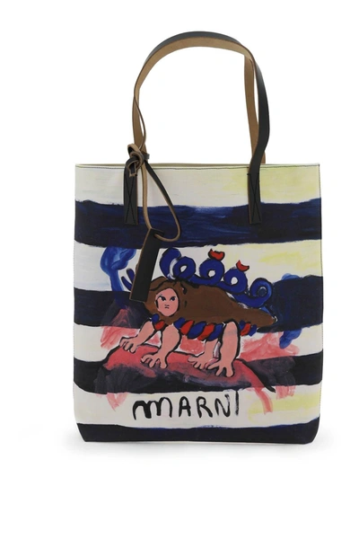 Marni Printed Cotton Tote Bag In Mixed Colours