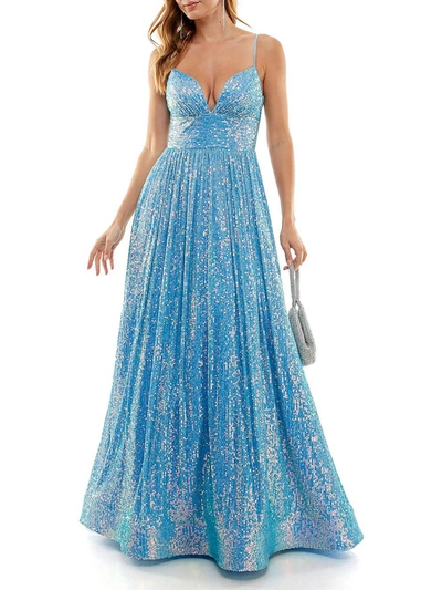 B Darlin Juniors Womens Sequined Lace Up Evening Dress In Blue