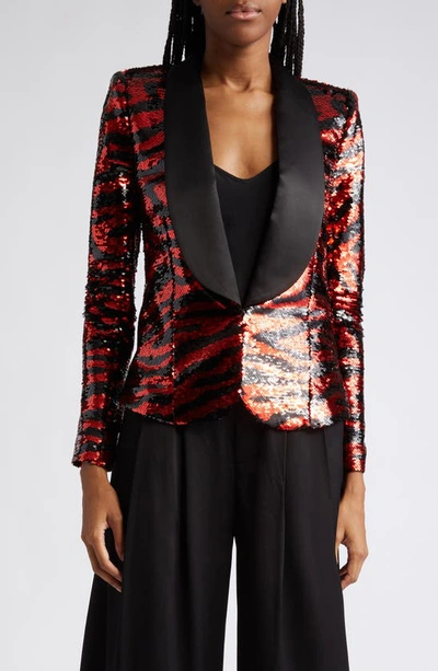 L Agence Yuna Sequin-embellished Zebra Shawl-collar Blazer In Tango Red Zebra Stripe