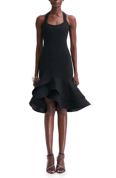 Oscar De La Renta Tiered-ruffle Drop-waist Halter Dress In Black