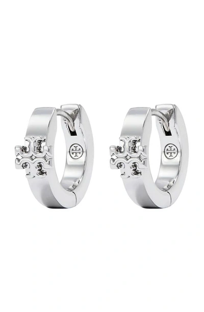 Tory Burch Women's Kira 18k-white-gold-plated Logo Huggie Hoop Earrings In Tory Silver