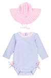 Rufflebutts Seersucker One-piece Rashguard Swimsuit & Hat Set In Periwinkle Seersucker