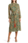 TAHARI ASL TILE PRINT LONG SLEEVE CHIFFON MIDI DRESS