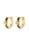 Tory Burch 'kira' Metallic Huggie Hoop Earings With Double T Motif In Black