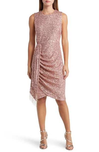 Tahari Asl Sequin Side Ruched Sheath Cocktail Dress In Blush