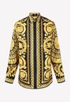 Versace Barocco Print Long-sleeved Silk Shirt In Yellow