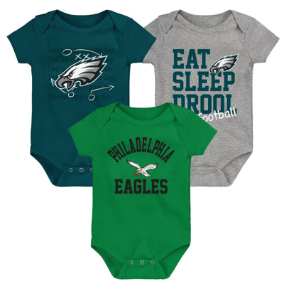 Outerstuff Babies' Newborn & Infant Midnight Green/kelly Green/heather Gray Philadelphia Eagles Three-pack Eat, Sleep & In Midnight Green,kelly Green,heather Gra