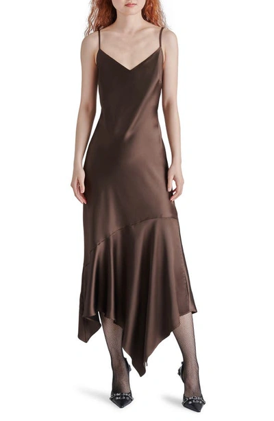 Steve Madden Lucielle Handkerchief Hem Satin Slipdress In Dark Espresso